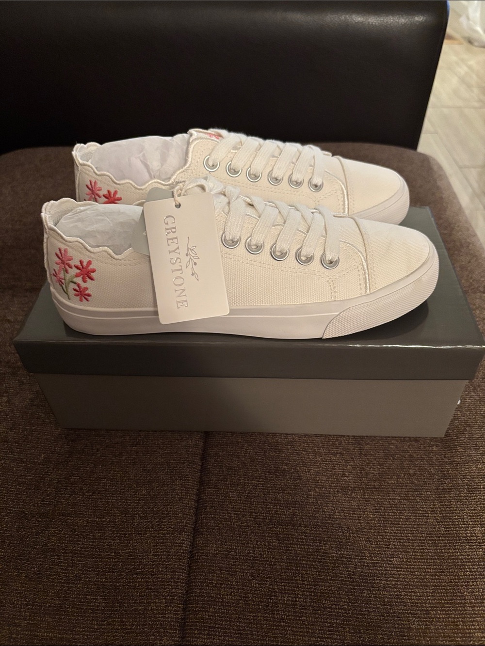 Greystone White Canvas Lace-Up Sneakers with Pink Floral Accent